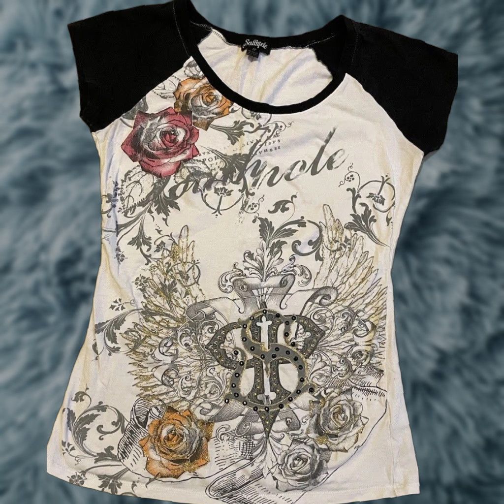 Affliction VINTAGE Southpole Shirt M Goth Emo Flower Biker Motorcycle Tapout Punk Grunge Y2K Shirt Women M White Beaded 80s 90s Retro Rock Size M / US 6-8 / IT 42-44 - 1 Thumbnail