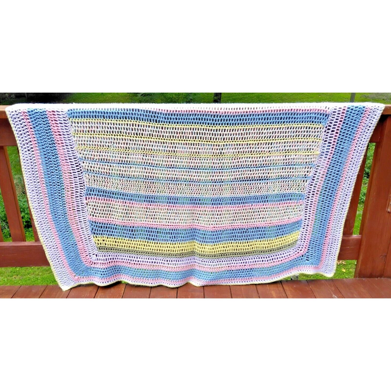 Handmade Crocheted Pastel Baby Blanket Large 50" x 70" Bed Lap Cover Size ONE SIZE - 1 Thumbnail