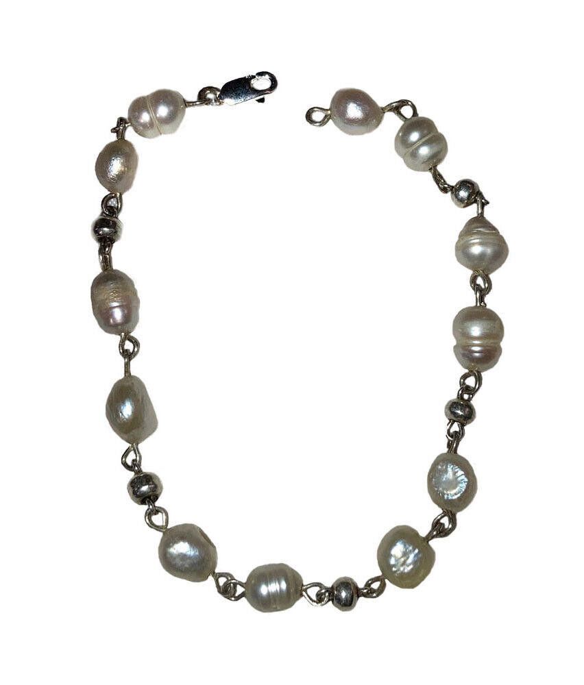 Handmade Sterling HandMade Cultured Pearl Silver Bead Bracelet Size ONE SIZE - 1 Thumbnail