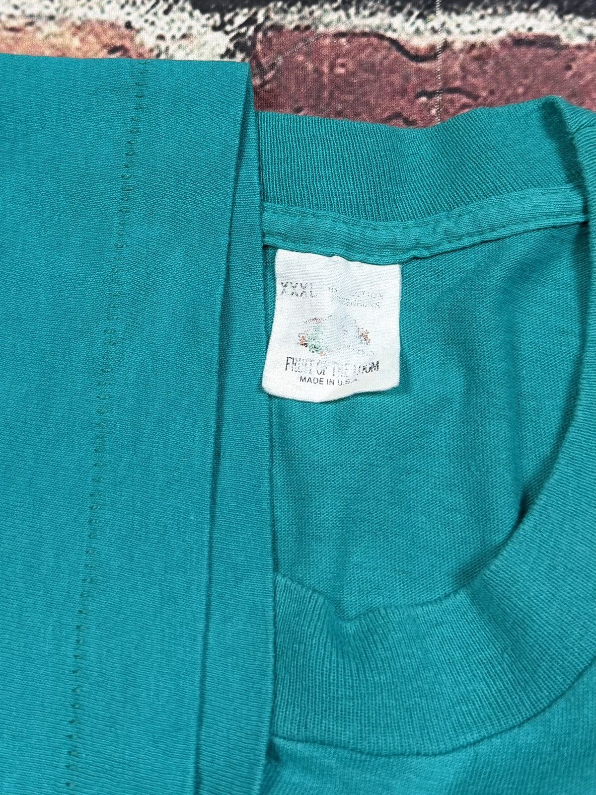 Fruit Of The Loom Vintage Turquoise Blank Selvedge Pocket Tee Single Stitch Size US XXL / EU 58 / 5 - 8 Thumbnail