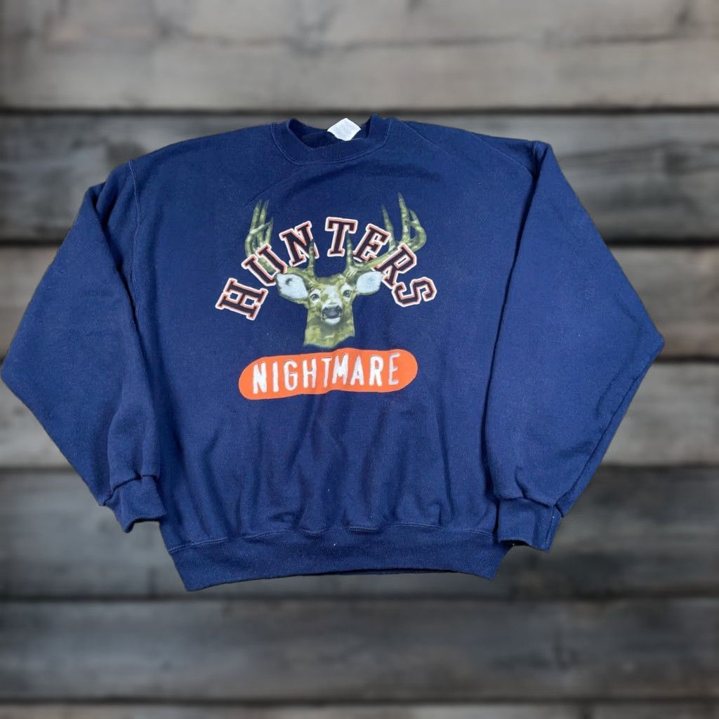 Jerzees JERZEES Sweatshirt Hunter’s Nightmare Deer Print Blue 50-50 Adult Large 90s Nature Animals Mens Pullover Crew Neck Size US L / EU 52-54 / 3 - 1 Thumbnail