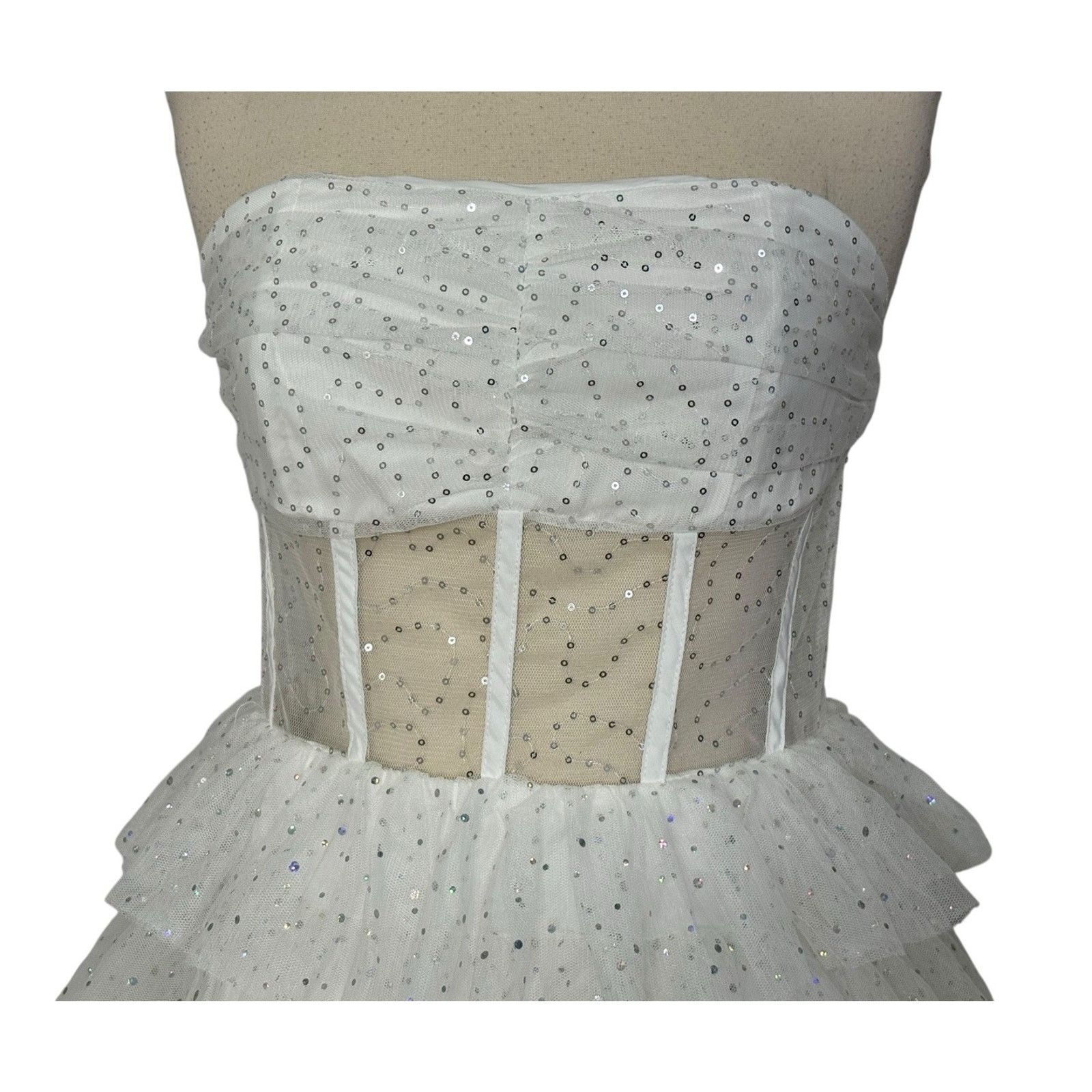 Other Iridescent Sparkly Tiered Tulle Mini Dress Mesh Corset Boned Size L / US 10 / IT 46 - 5 Thumbnail
