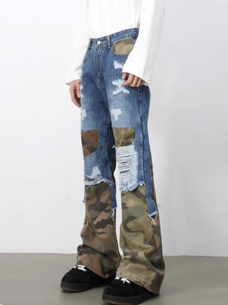 Japanese Brand × Jean Broken hole camouflage splicing micro horn jeans Size US 34 / EU 50 - 3 Thumbnail