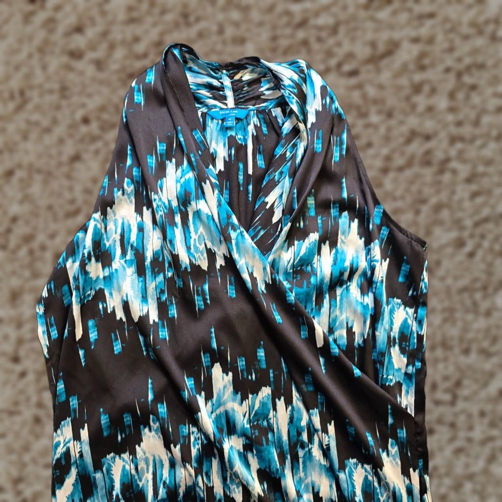 Vintage Derek Lam Dress Womens Medium Blue Abstract Floral Sheath V-Neck Cocktail Pencil Dress Mens? Size M / US 6-8 / IT 42-44 - 1 Thumbnail