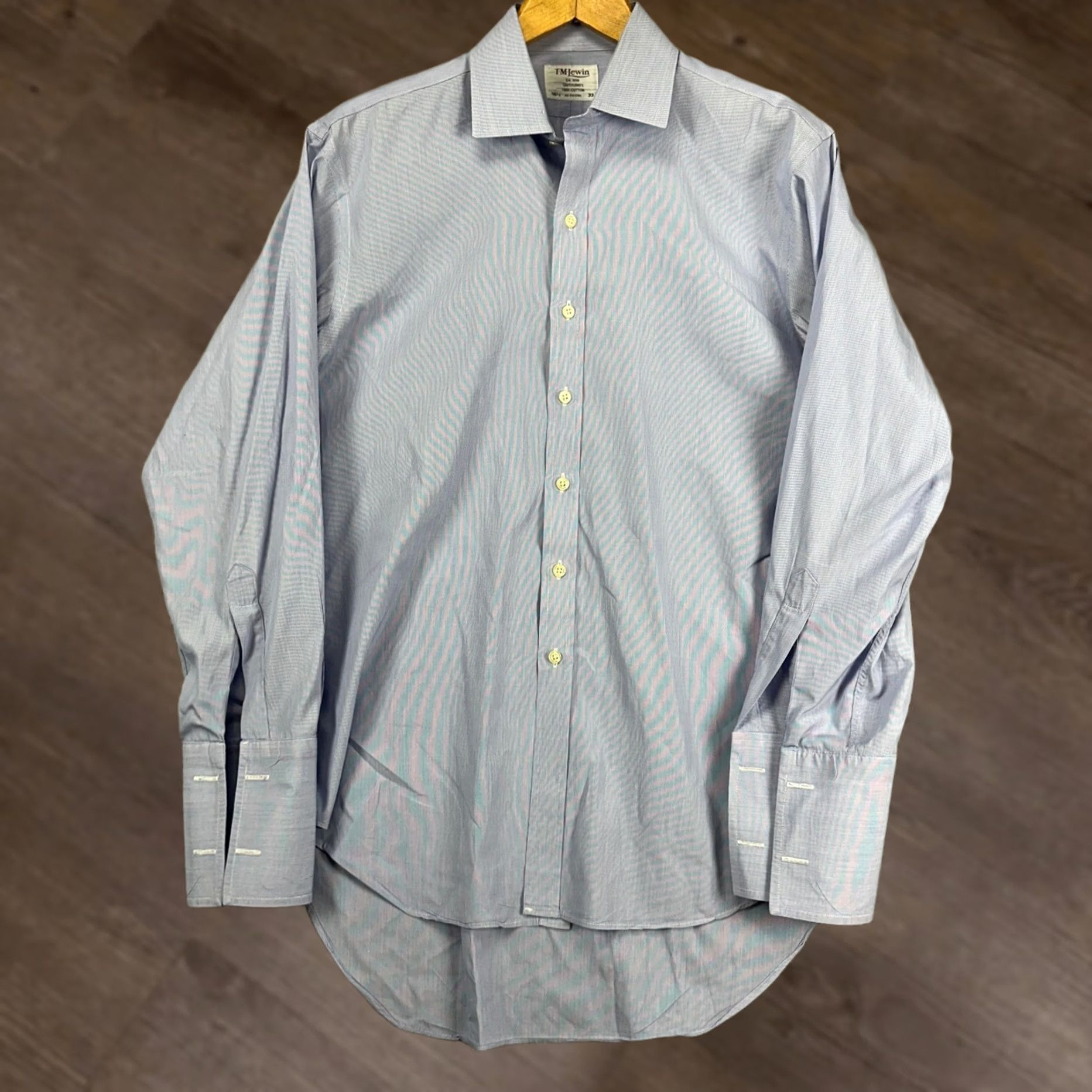 Vintage VINTAGE T.M. Lewin Shirtmakers Dress Shirt Mens 16.5-33 Blue White Stripe Button Up Plaid Cotton Spandex Long Sleeve Blue Mens Shirt Size 46R - 1 Thumbnail