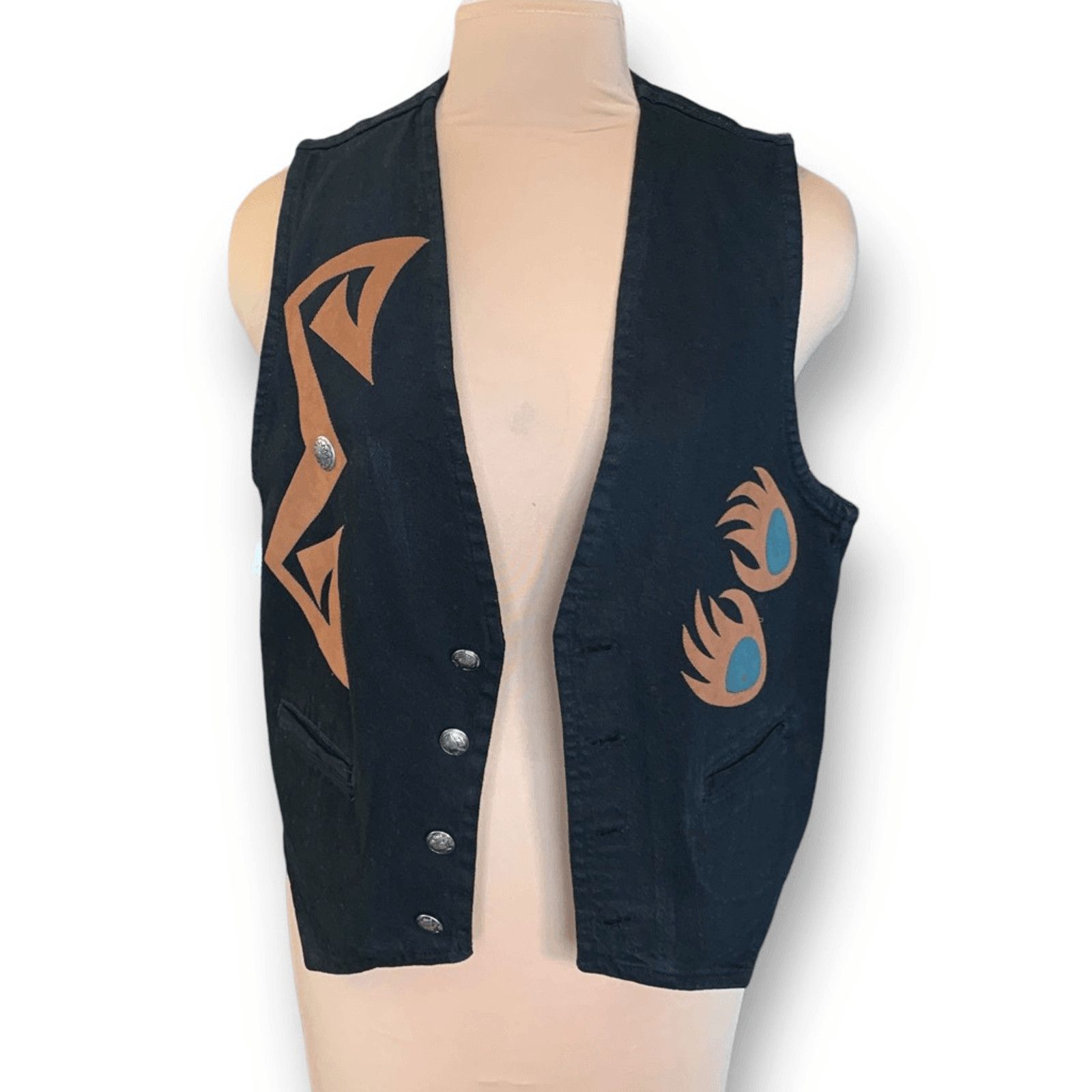 Vintage Vintage Sundance Denim Black Western Tribal Graphic Vest Size US M / EU 48-50 / 2 - 6 Thumbnail