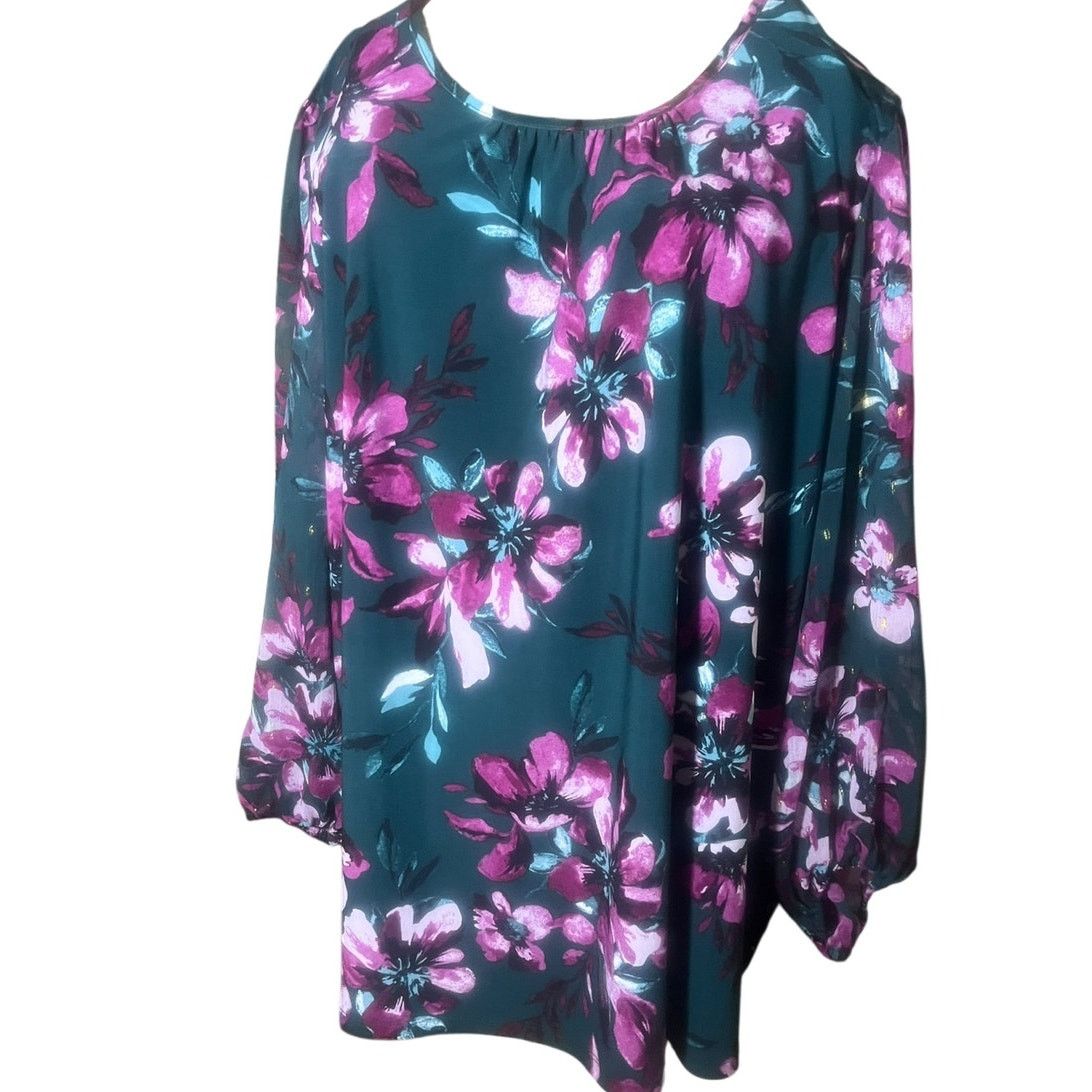 Kasper Kasper Floral Print Blouse Evergreen Multi NWT 2X Size XXL / US 16-18 / IT 52-54 - 2 Thumbnail