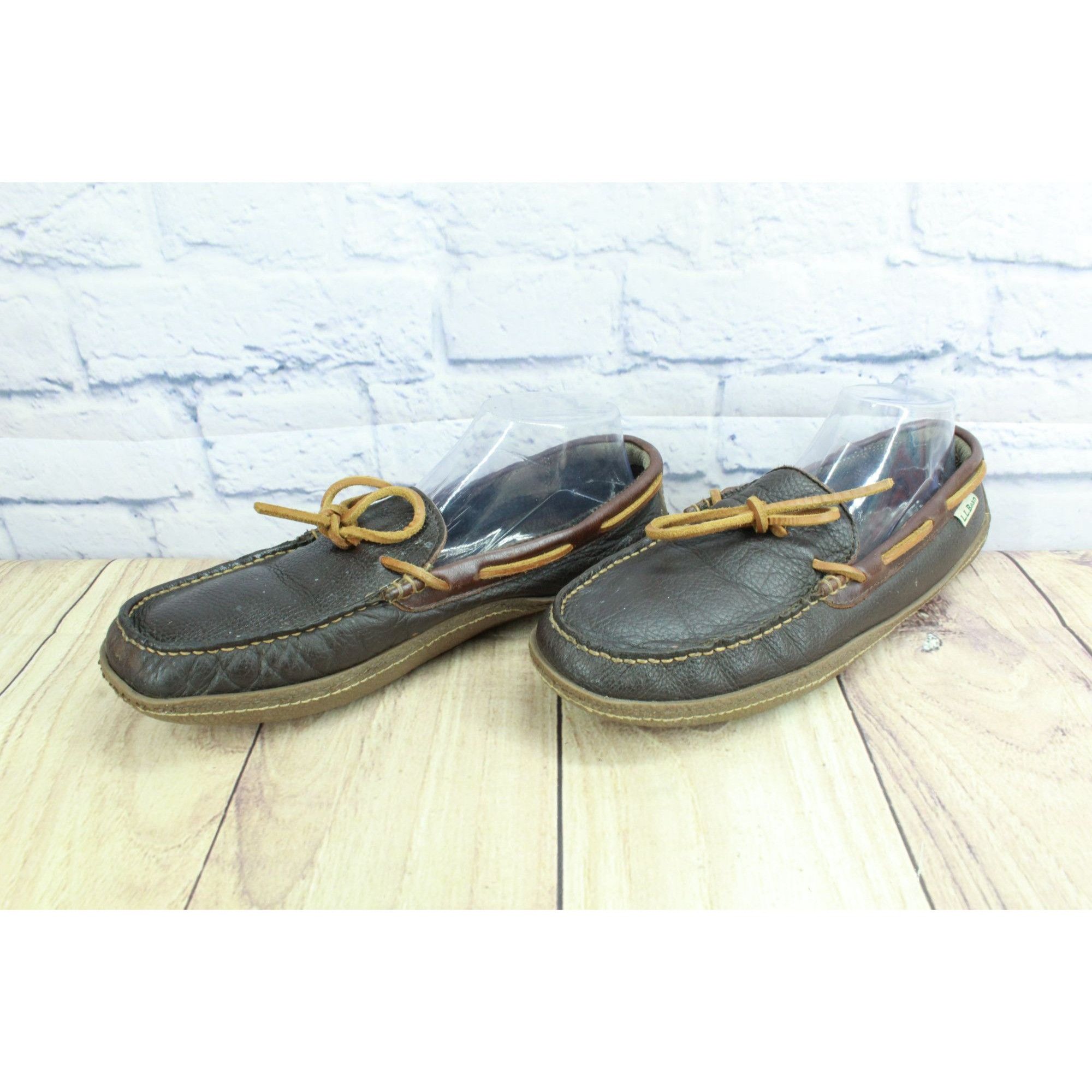 L.L. Bean LL Bean Brown Leather Flannel Lined Moccasin Slippers Size US 10 / EU 43 - 2 Thumbnail