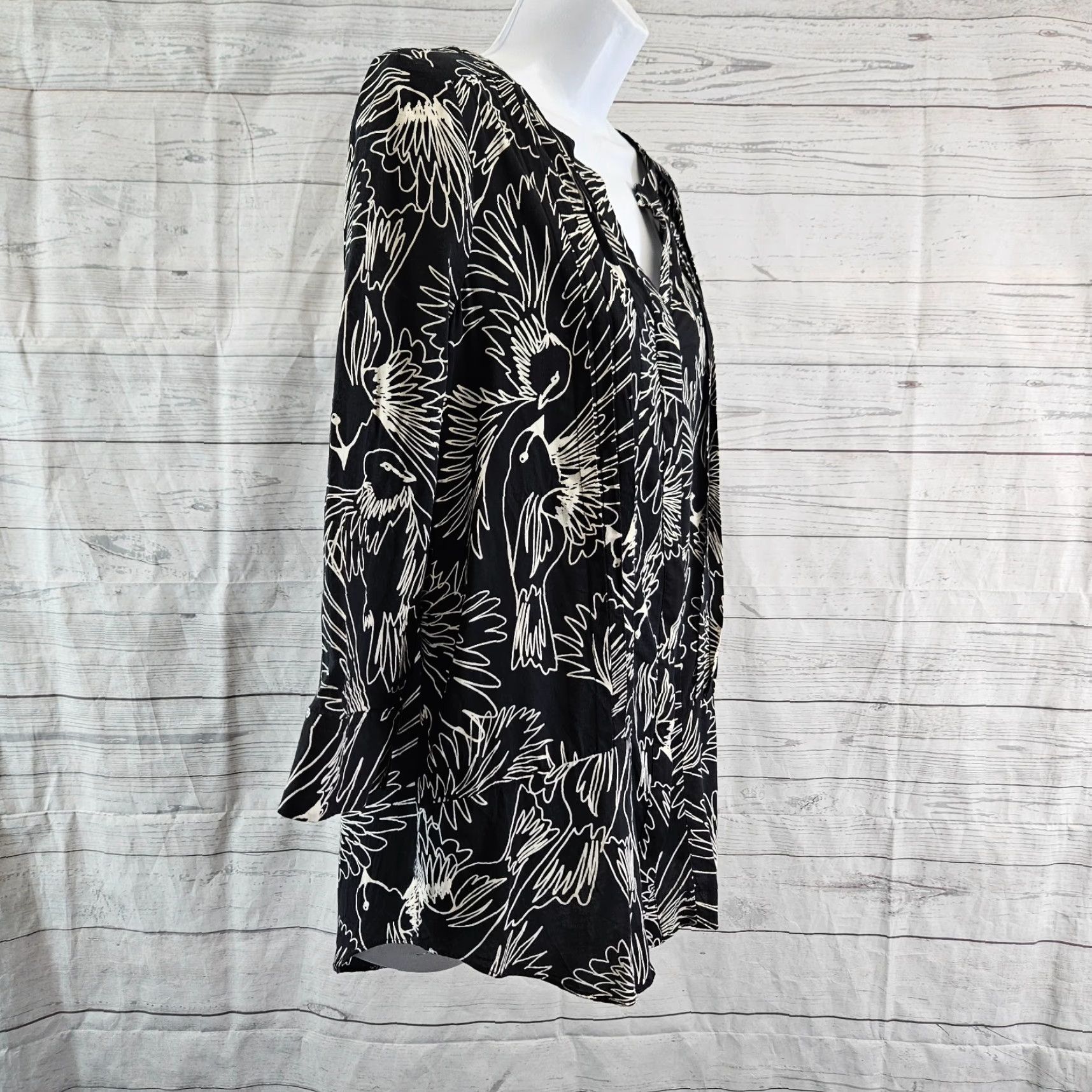 Vintage Maeve Womens Button Down Top Sz 8 Black Bird Print 3/4 Sleeve Rayon Shirt Women Size M / US 6-8 / IT 42-44 - 3 Thumbnail