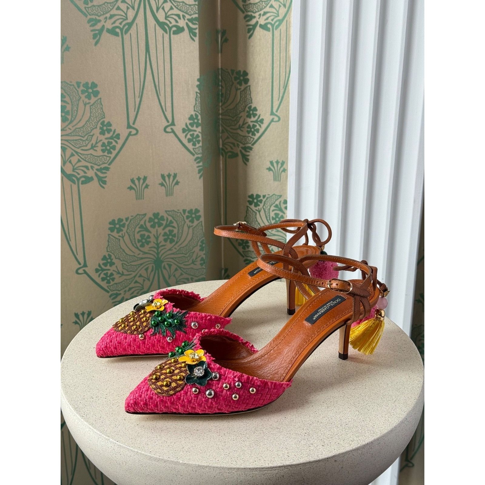 Dolce & Gabbana DOLCE & GABBANA Shoes Pink Pineapple Bellucci Kitten Heels Size US 7.5 / IT 37.5 - 1 Thumbnail