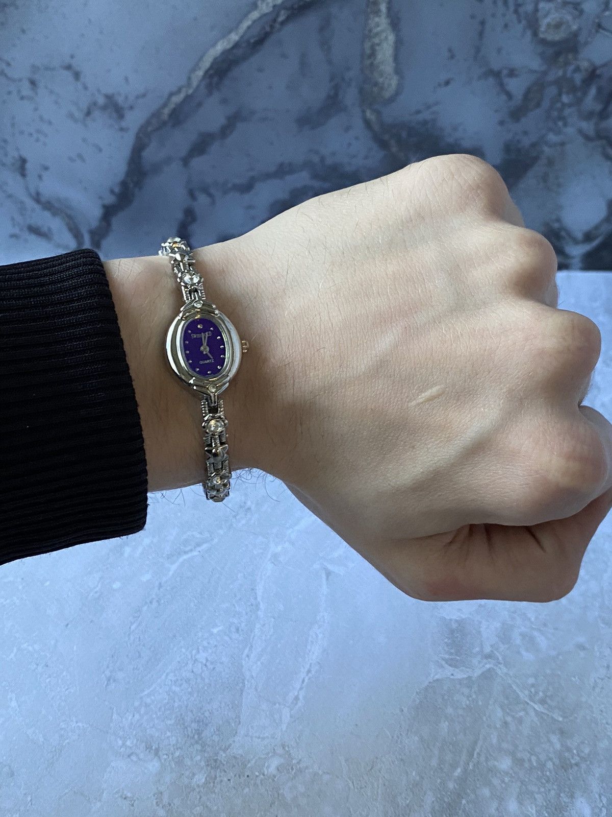 Jewelry × Vintage Swiss Gold Watch with Purple Dial & Crystals Size ONE SIZE - 7 Thumbnail