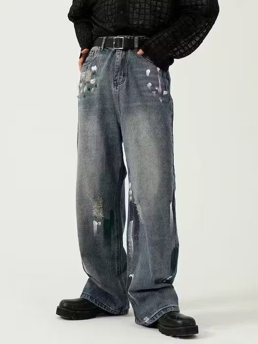 image of Distressed Denim Fade Paint Distressed Baggy Pant in Blue, Men's (Size 30)