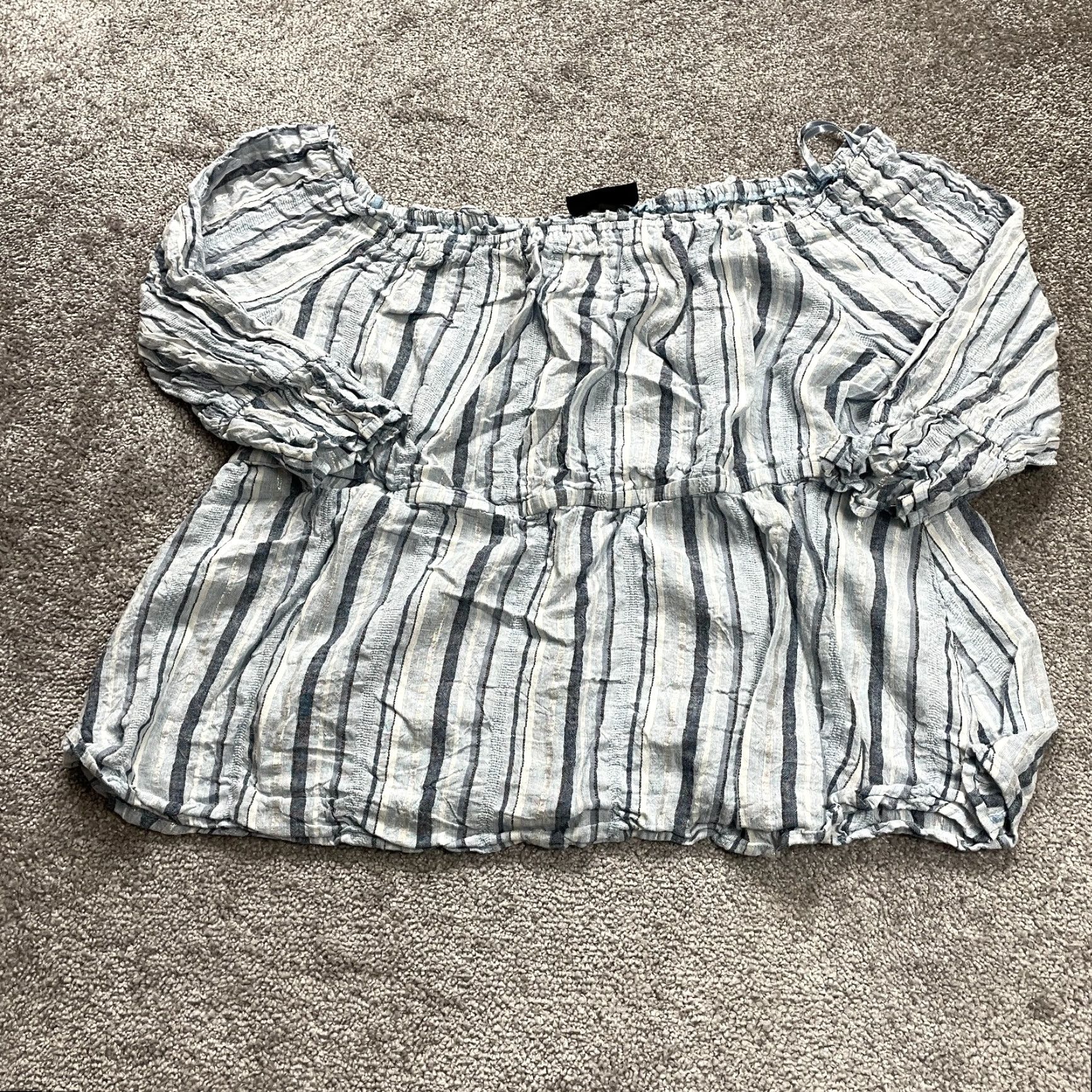 Vintage VINTAGE Lane Bryant Blouse Women Plus Size 20 Short Sleeve Linen Rayon Striped Off Shoulder Casual Top Blue Size 3XL / US 20-22 - 2 Thumbnail