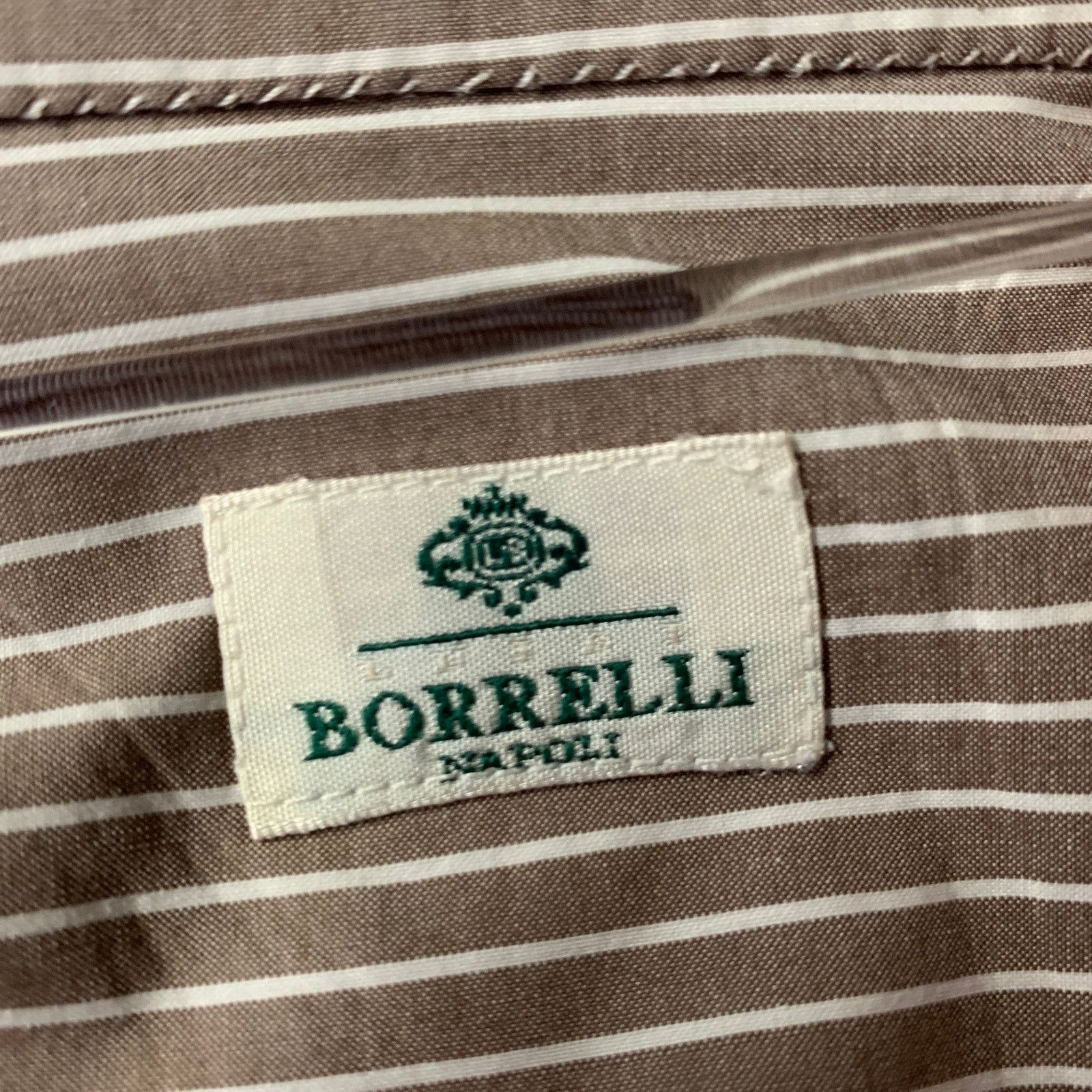 Other BORRELLI Size L Brown White Stripe Cotton Long Sleeve Shirt Size 48R - 6 Thumbnail