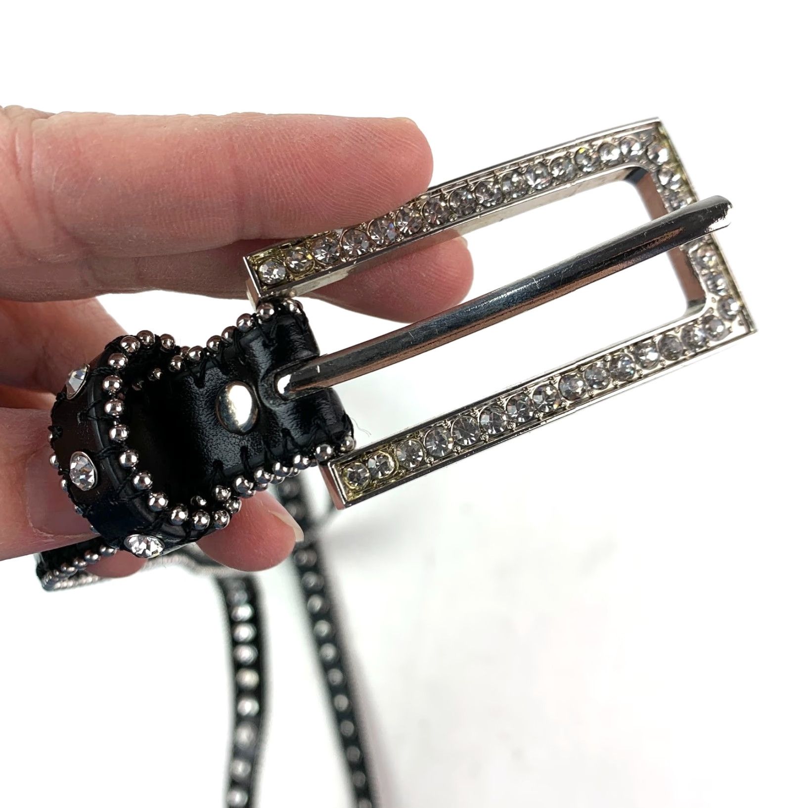 Vintage VINTAGE Women's Black XL Goth Moto Leather Belt with Rhinestone Studded Buckle 46" Belt Mens Womens XL Black Rhinestone Buckle Leather Belt Size ONE SIZE - 8 Thumbnail