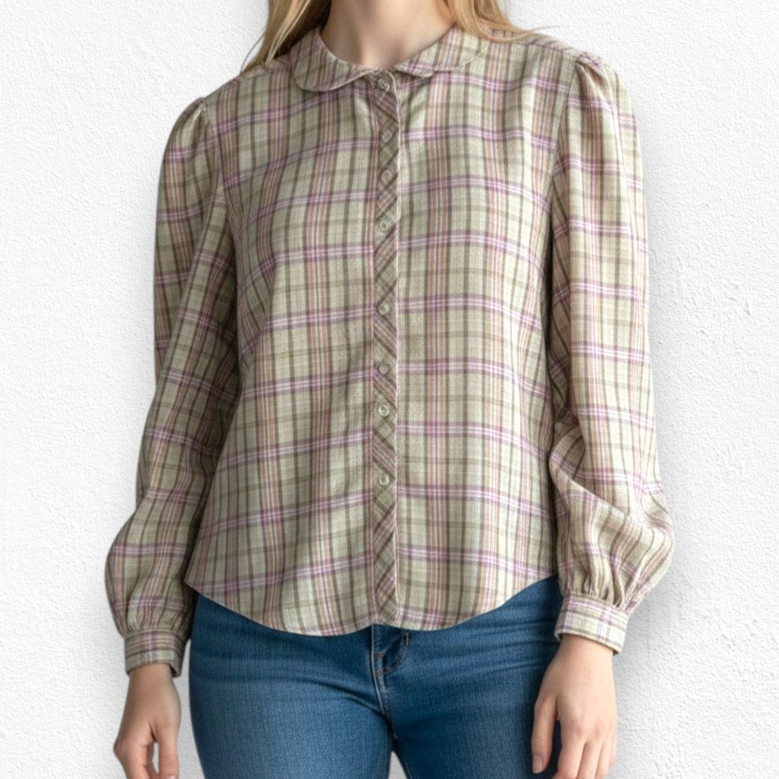 Vintage 1970s Cream Plaid Puff Sleeve Blouse Prairie Top Size 12 Size XL / US 12-14 / IT 48-50 - 3 Thumbnail