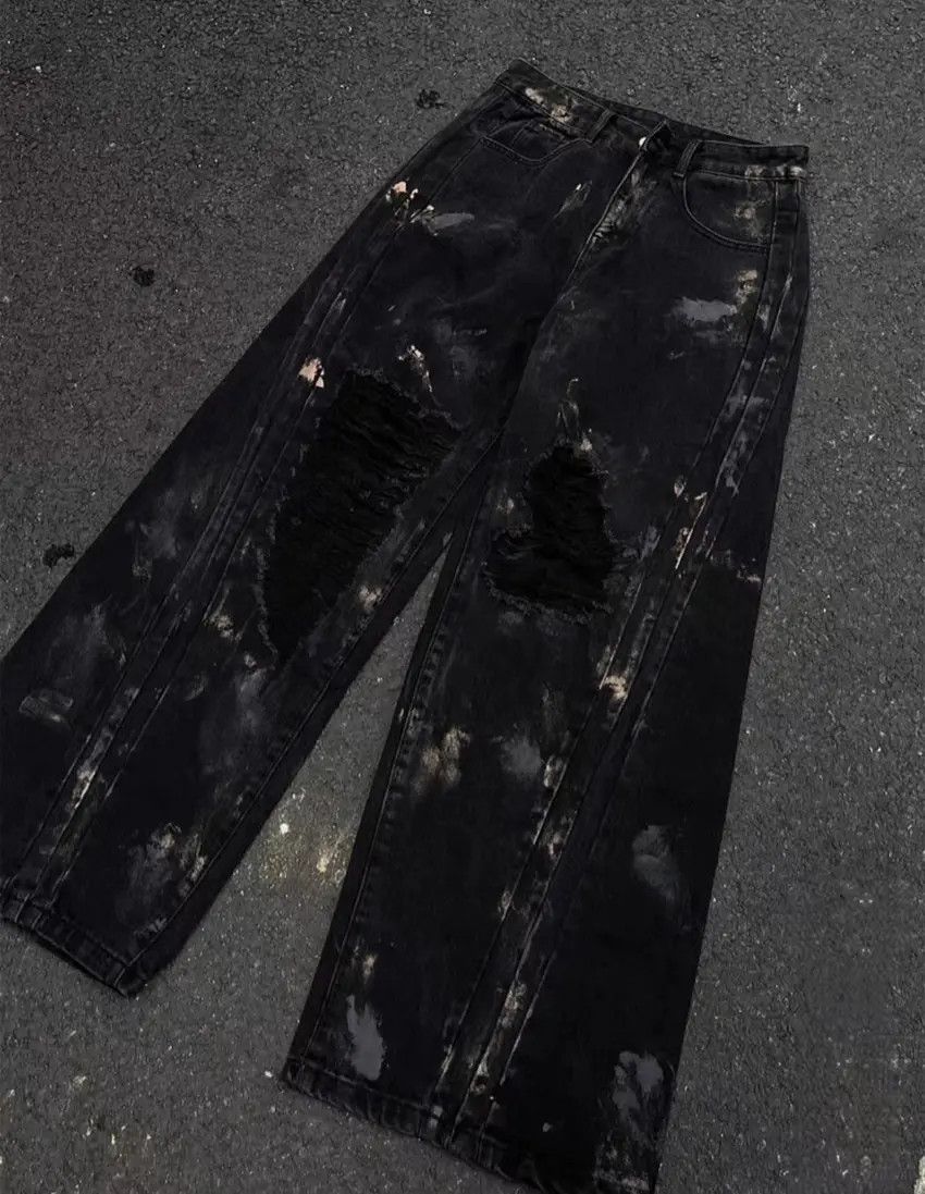 Designer × Japanese Brand Waxed and graffitied ripped and spliced baggy jeans Size US 33 - 6 Thumbnail