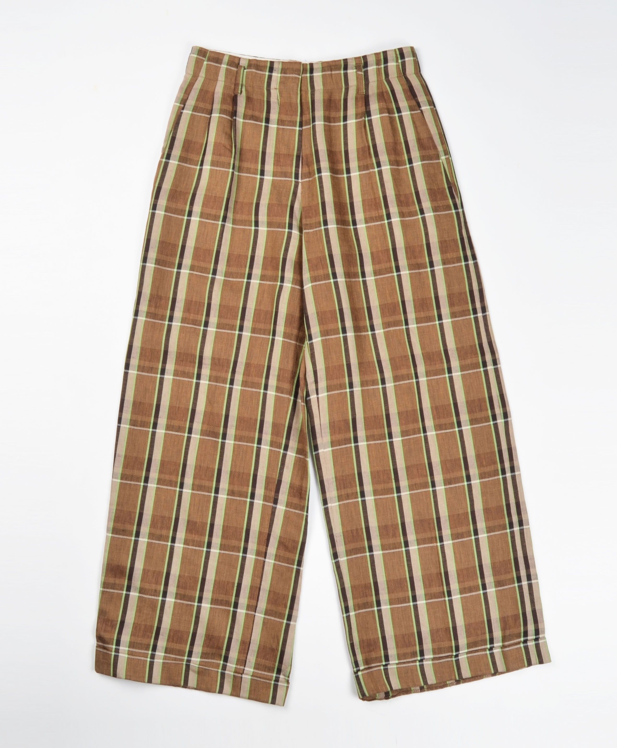 Designer Tela Linen Blend Plaid Wide Leg Trousers Pants Size 28" / US 6 / IT 42 - 4 Thumbnail
