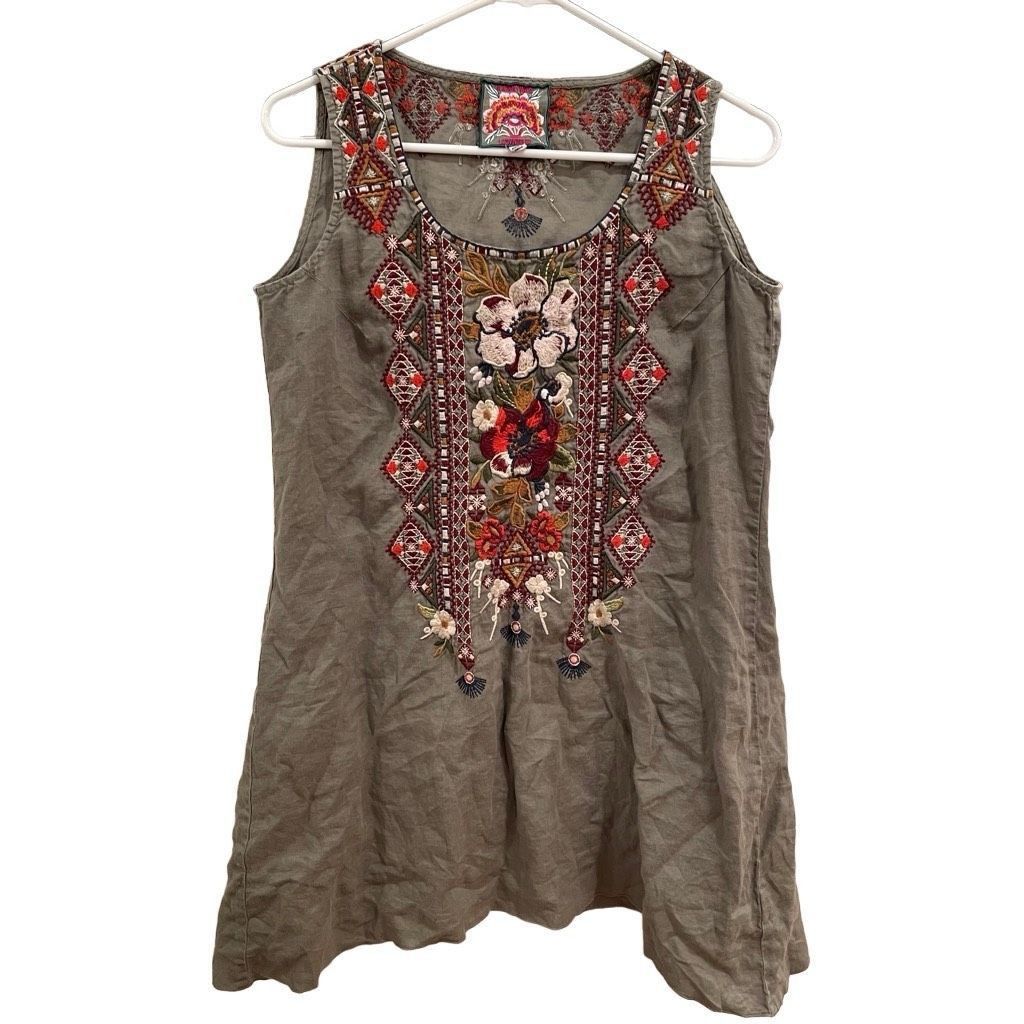 image of Johnny Was Los Angeles Tunic Womens Xs Dress Green Beatriz Embroidered Boho in Grey