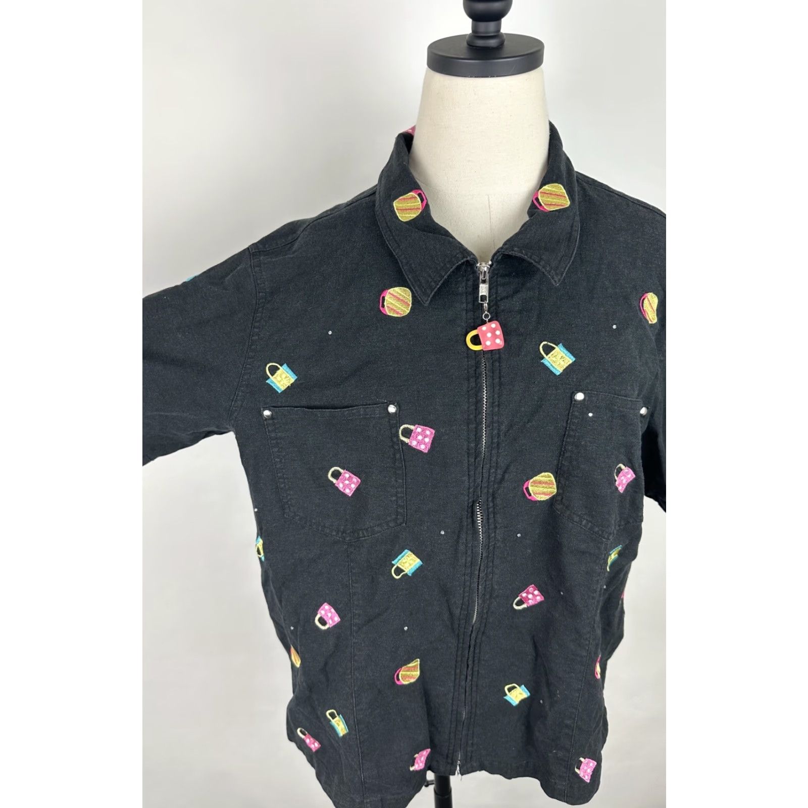 Quacker Factory Quacker Factory Embroidered Jacket XL Full Zip Novelty Y2K Cyber Shopping Bags Size XL / US 12-14 / IT 48-50 - 3 Thumbnail
