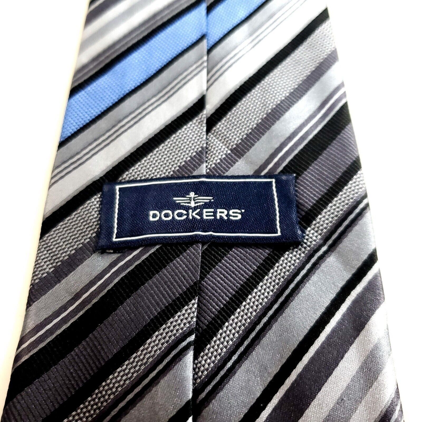 Dockers Dockers Stain Resistant Gray Woven Striped Blue Silk Tie Size ONE SIZE - 3 Thumbnail