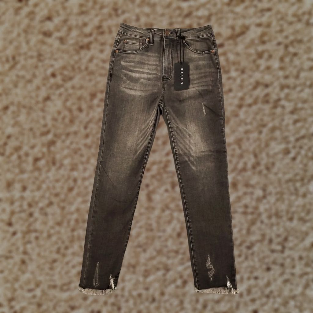 Vintage VINTAGE New Risen Jeans Womens Junior 27 5 Grey Distressed Skinny Jeans Frayed Hem Jeans - 90s Bohemian Grunge Hipster Slim 27 in Inseam Womens Size 28" / US 6 / IT 42 - 1 Thumbnail