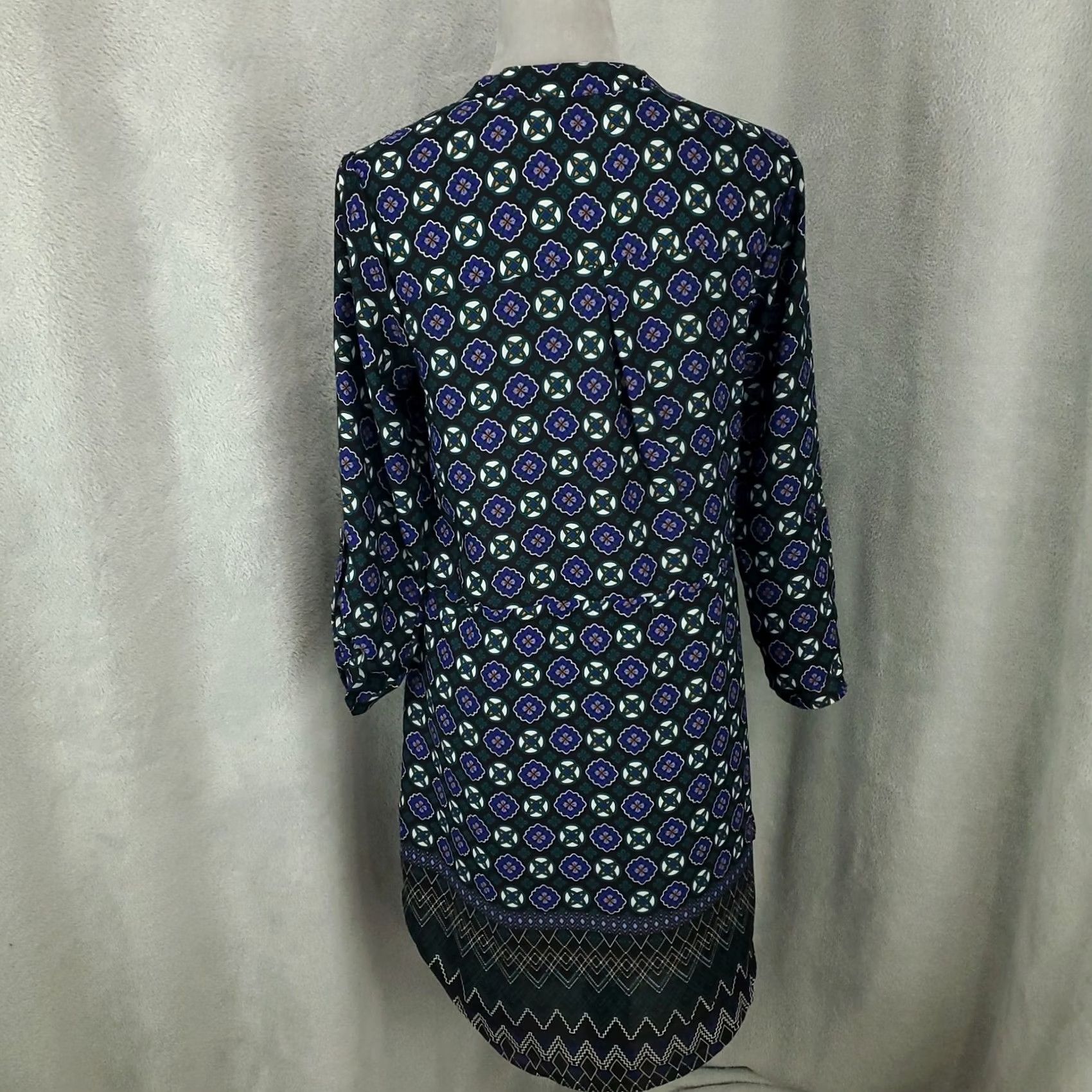 Vintage Aly Dress Womens Size Medium Blue Geometric Tunic Shift Roll Tab Sleeve Size M / US 6-8 / IT 42-44 - 3 Thumbnail