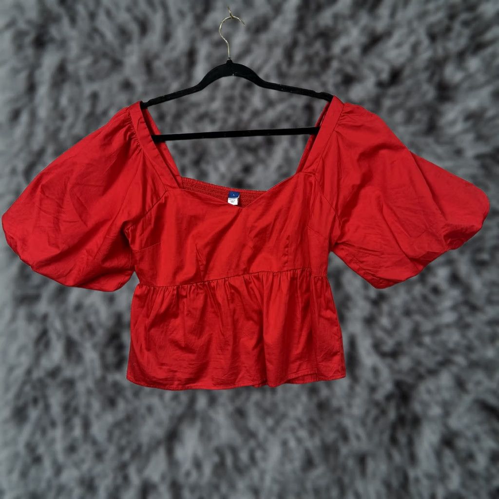 Old Navy Old Navy Cropped Blouse L Red Puff Sleeve Square Neck Ruffle Bohemian Peasant Cottagecore Spring Summer Fall Womens Size L / US 10 / IT 46 - 1 Thumbnail