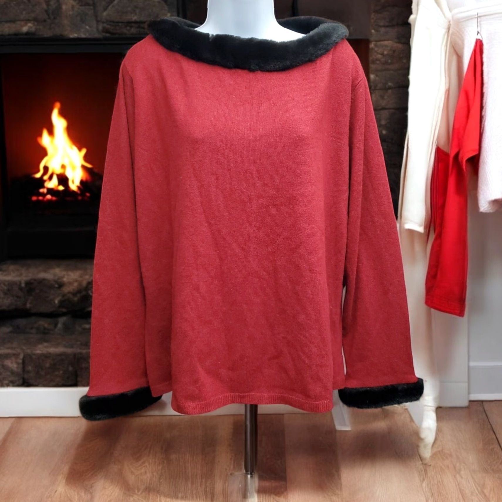 Preston & York VINTAGE Preston & York Blouse Womens Top XL Red Silk Blend Wool Faux Fur Sleeve & Collar Holiday Retro Size XL / US 12-14 / IT 48-50 - 2 Thumbnail