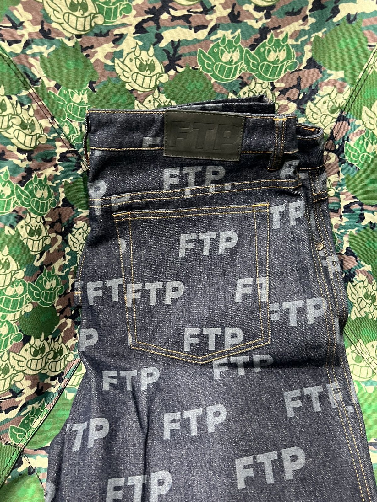 image of Fuck The Population Ftp All Over Logo Jeans Denim in Blue, Men's (Size 36)