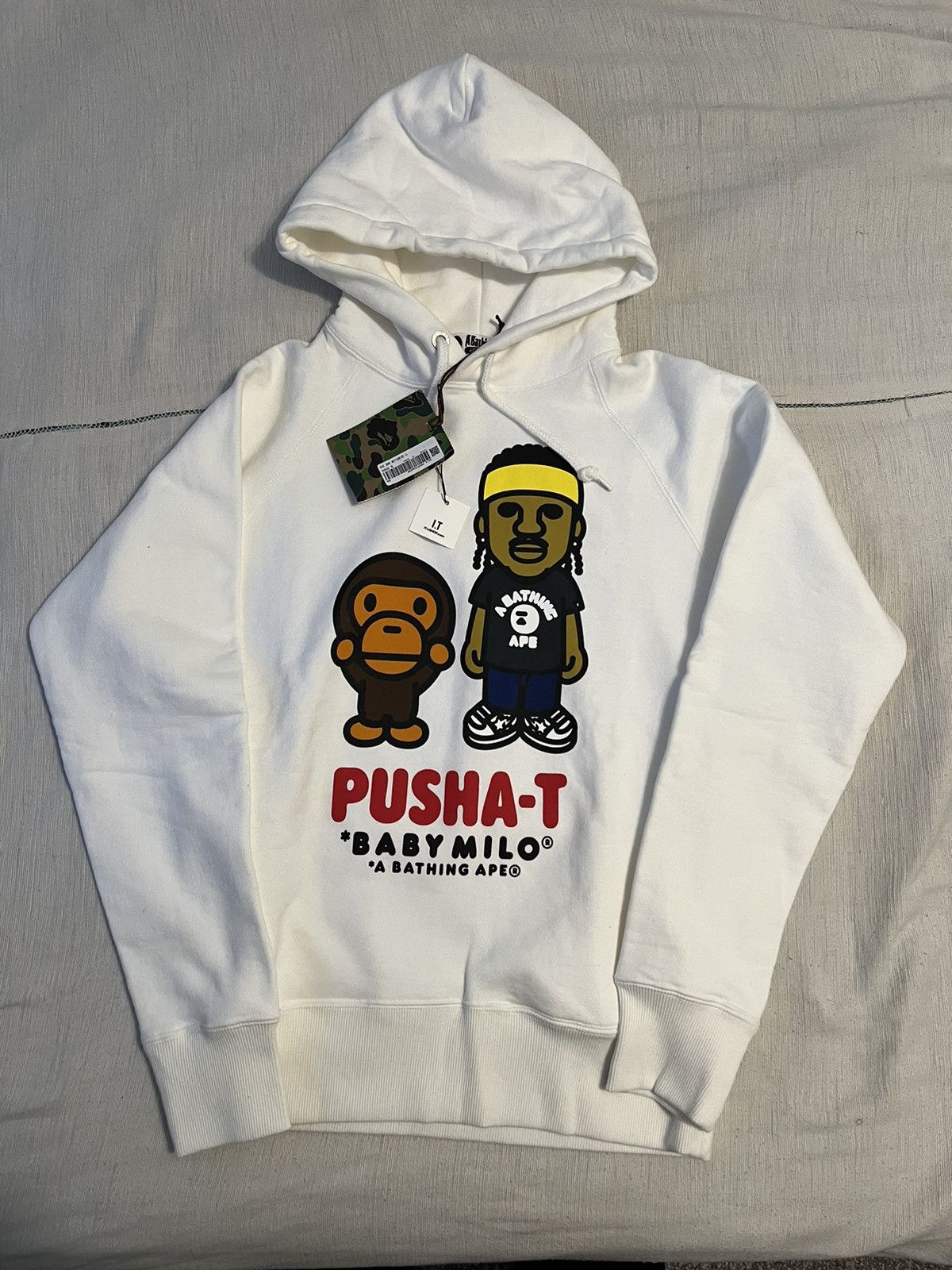 Image of Bape X Pusha T Baby Milo Pullover Hoodie in White, Men's (Size Small)