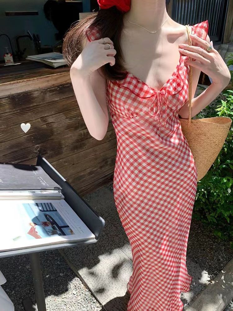 image of Vintage Plaid Waist Halter Dress in Pink, Women's (Size Medium)