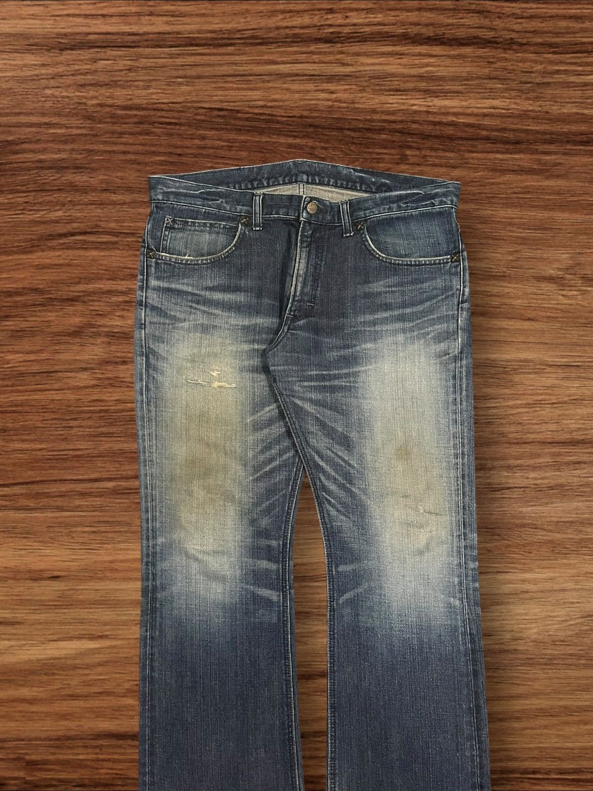 Lee × Vintage ⚡️Flare⚡️Vintage Lee Rider Dark Blue Washed Distressed Jeans Size US 36 / EU 52 - 3 Thumbnail