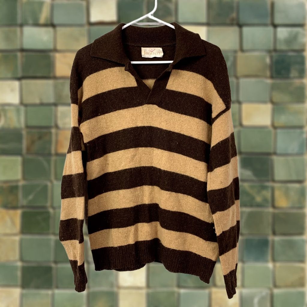 Jantzen VINTAGE Jantzen Polo Sweater Striped Knit Collared Mens L Brown Tan Pullover Rib-Knit Modern Classic Retro 90s Size US L / EU 52-54 / 3 - 1 Thumbnail