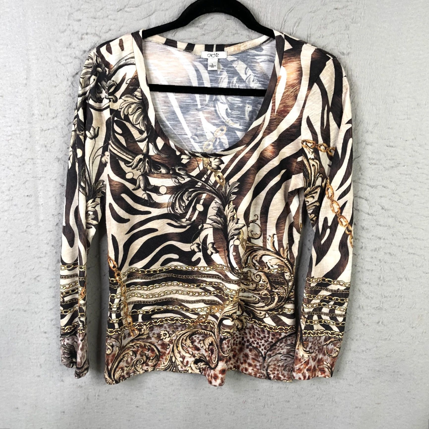 Vintage Cache Womens Large Brown Animal Print Scoop Neck Long Sleeve T-Shirt Jersey Print Size L / US 10 / IT 46 - 2 Thumbnail