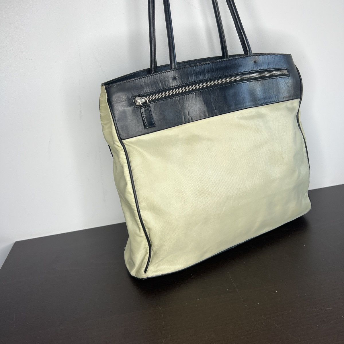 Prada Prada Re-nylon Beige Black Leather Shoulder Tote Bag Logo Size ONE SIZE - 5 Thumbnail
