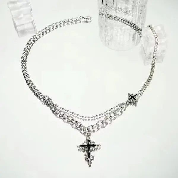 Japanese Brand Retro punk gothic melting cross layered chain necklace y2k Size ONE SIZE - 8 Thumbnail