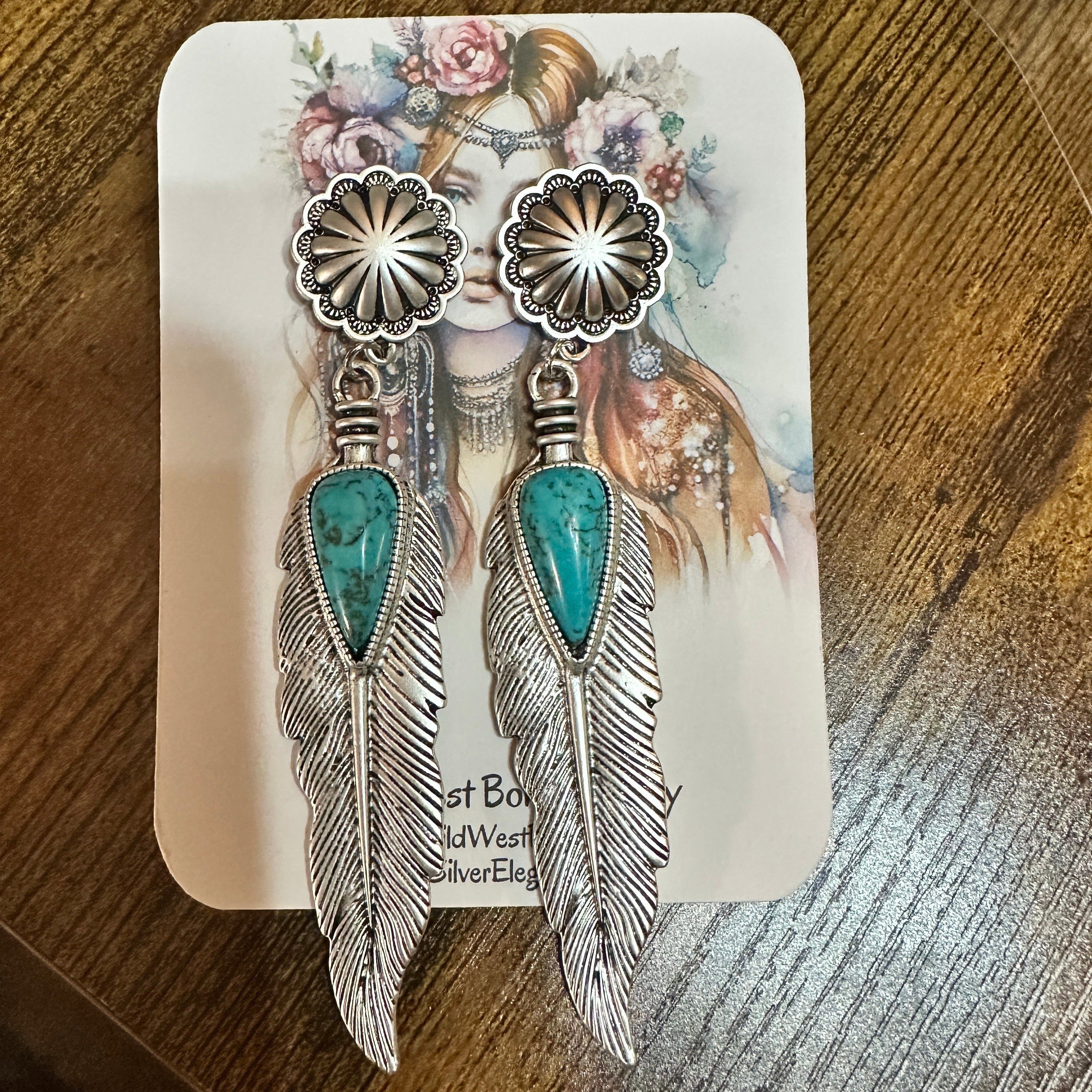 Other Feather Turquoise Post Earrings 4 Inches Long Antique Silver Size ONE SIZE - 6 Thumbnail