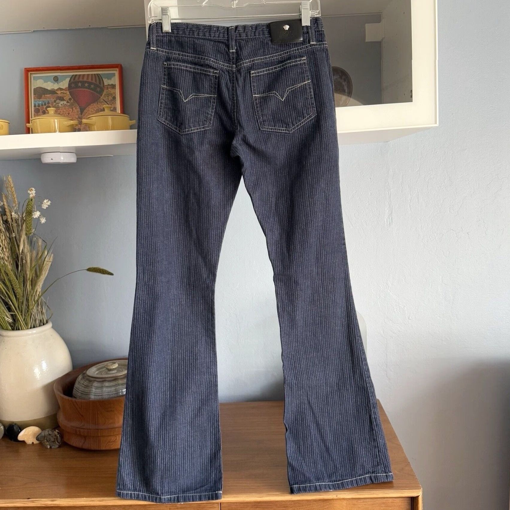 Versace VINTAGE Versace Jeans Couture 90s Navy Blue Striped Jeans Flare Size 27 Women Size 27" / US 4 / IT 40 - 2 Thumbnail