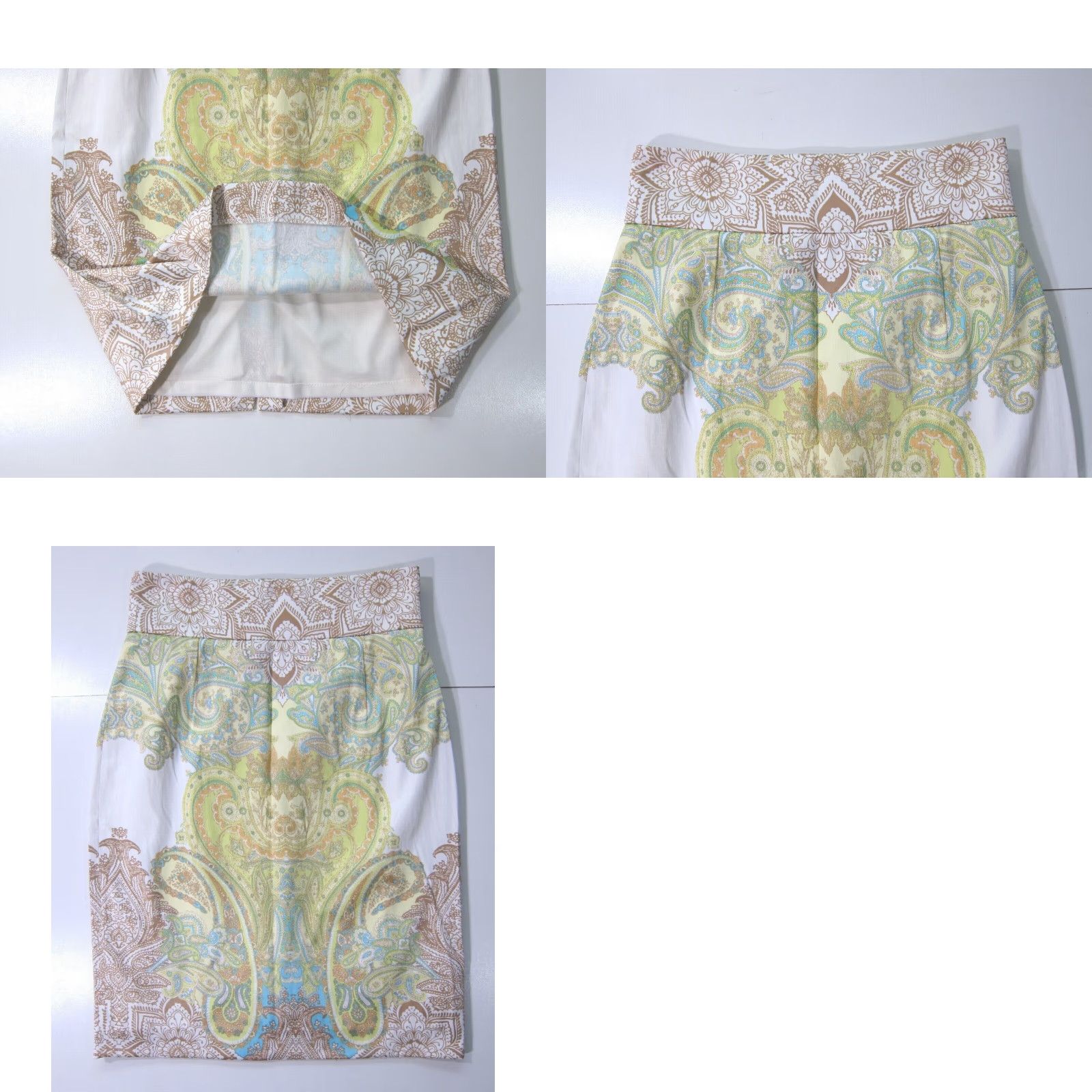 Vintage Antonio Melania Cotton Stretch Paisley Pencil Straight Skirt 2 Green Brown White Size 26" / US 2 / IT 38 - 8 Thumbnail