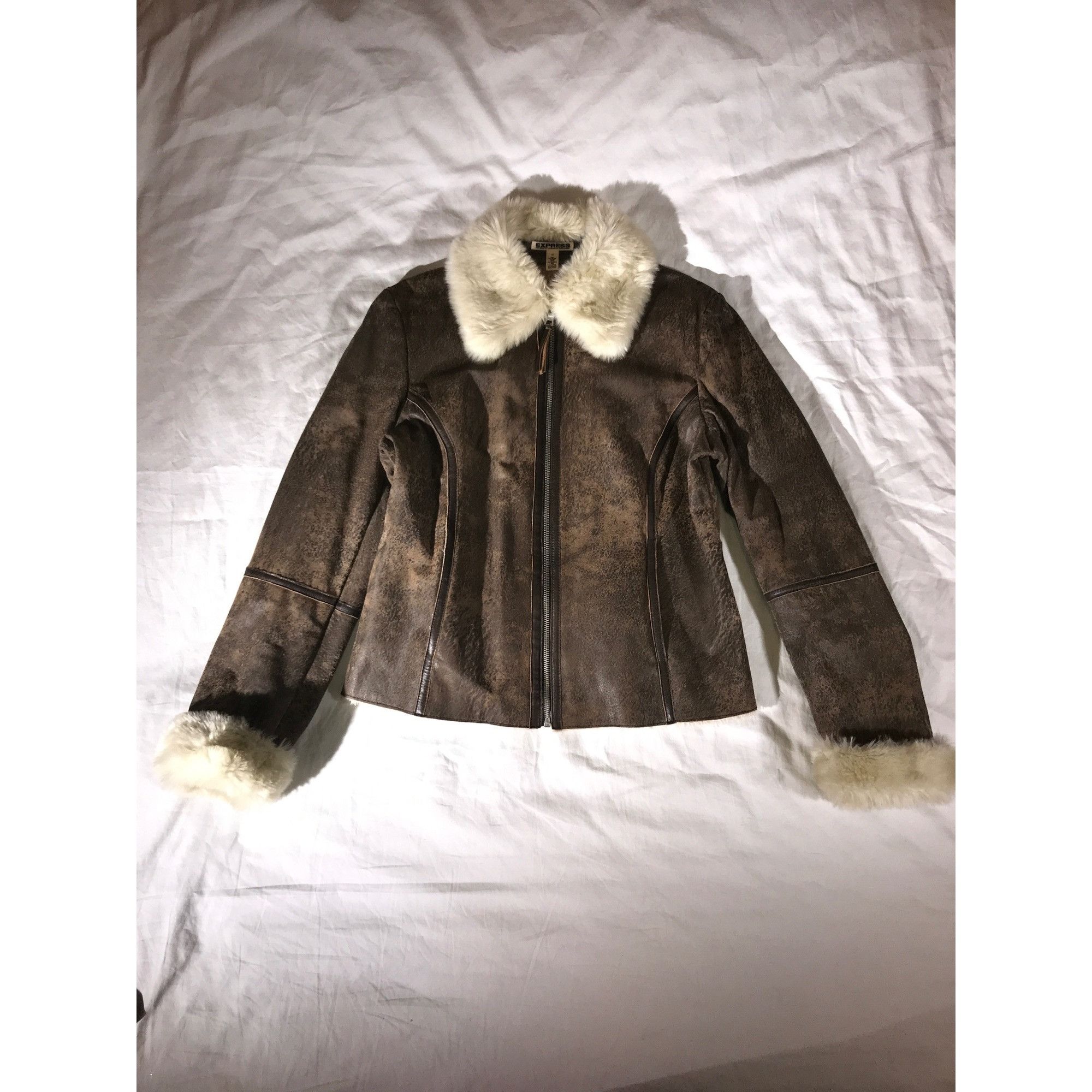 Designer Express Brown Distressed Leather Faux Fur Bomber Jacket Size XL / US 12-14 / IT 48-50 - 2 Thumbnail
