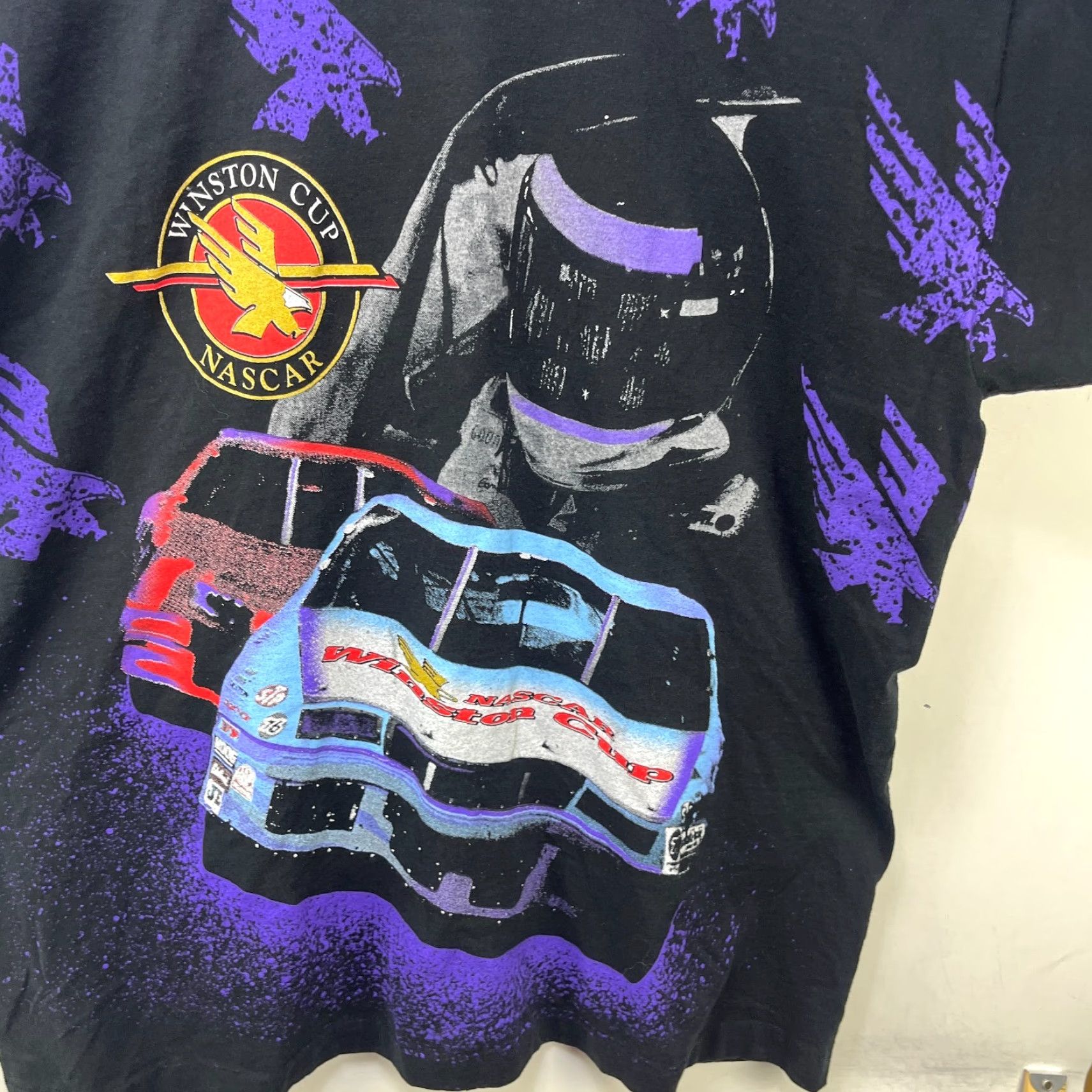 NASCAR VINTAGE NASCAR All Over Print Winston Cup T Shirt XL Black 90s 1990s Mens Short Sleeve Crew Neck Graphic Print Skull Double-Sided All Seasons Size US XL / EU 56 / 4 - 2 Thumbnail
