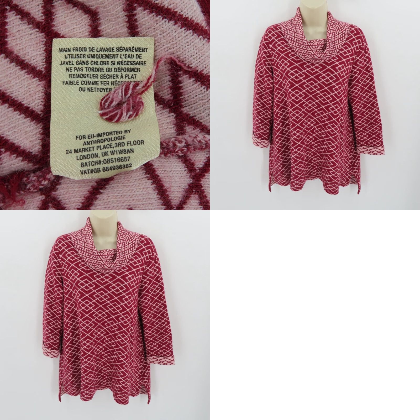 Anthropologie Moth Womens Medium Red Geometric Knit Pullover Sweater Long Sleeve Cowl Neck Shirt Top Size M / US 6-8 / IT 42-44 - 8 Thumbnail