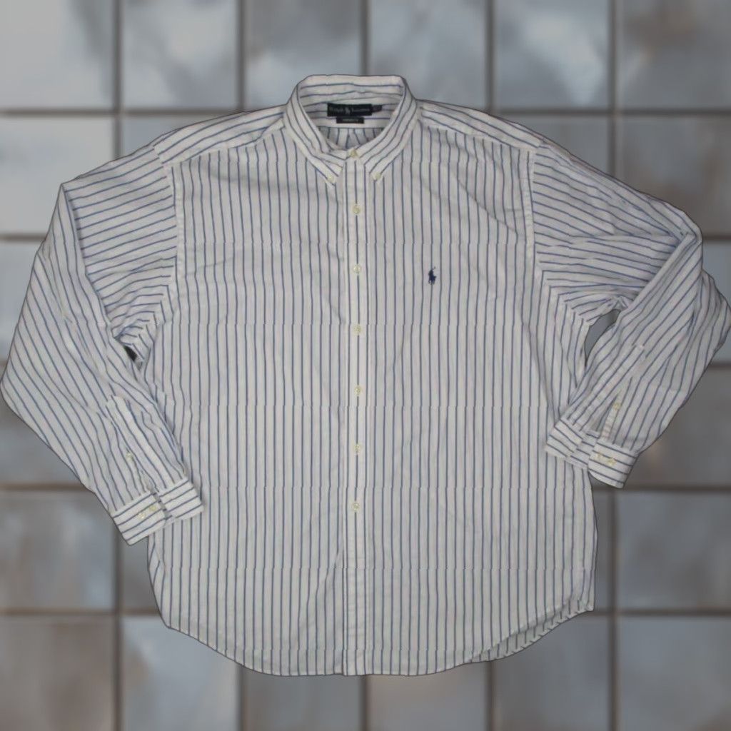 Polo Ralph Lauren VINTAGE Polo Ralph Lauren Dress Shirt Mens 17.5 36 Blue Striped Long Sleeve Button-Up Retro Size 36R - 1 Thumbnail