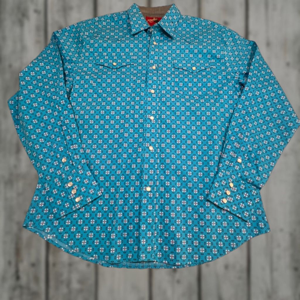 Vintage Rodeo Western Pearl Snap Shirt Men XL Long Sleeve Blue Geometric Cotton Cowboy Size US XL / EU 56 / 4 - 1 Thumbnail