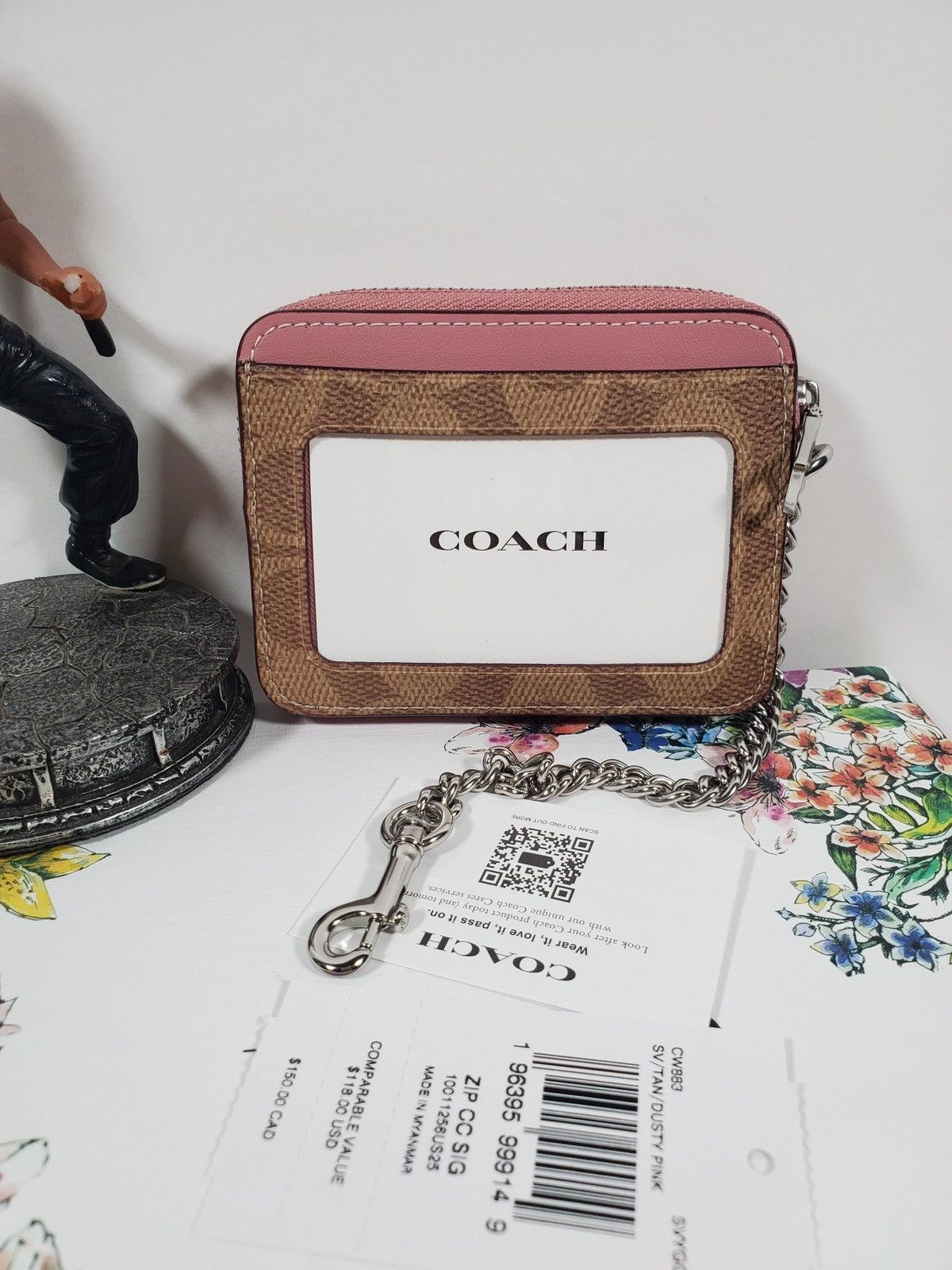 Coach Coach Zip Card Case In Signature Canvas Tan/Dusty Pink NWT Size ONE SIZE - 3 Thumbnail