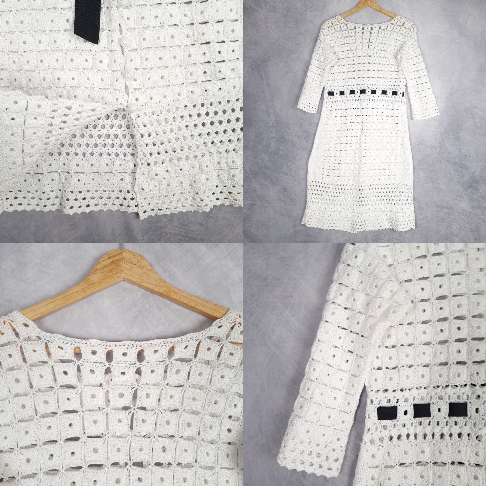 Robert Rodriguez Robert Rodriguez Dress Womens XS White Crochet Open Granny Squares Ribbon Belt Mod Duster Size XS / US 0-2 / IT 36-38 - 9 Thumbnail