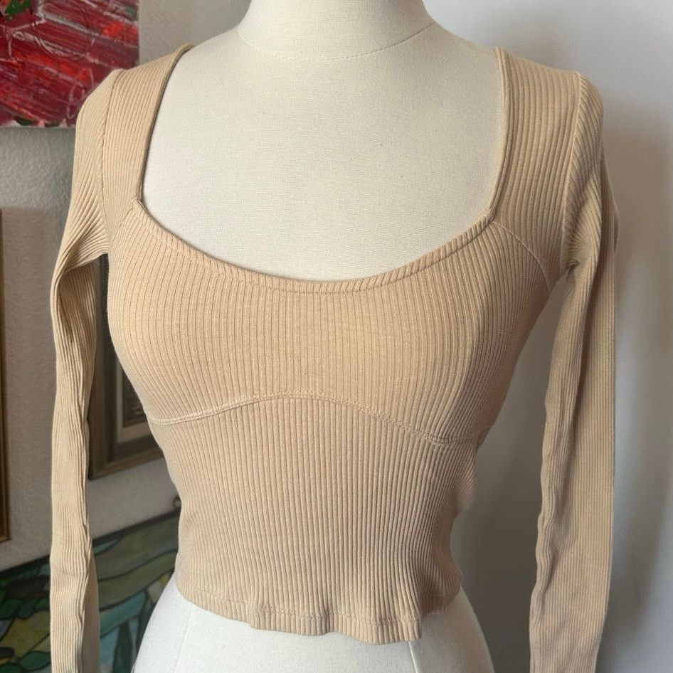 Forever 21 forever 21 beige yellow ribbed long sleeve crop top Size S / US 4 / IT 40 - 2 Thumbnail