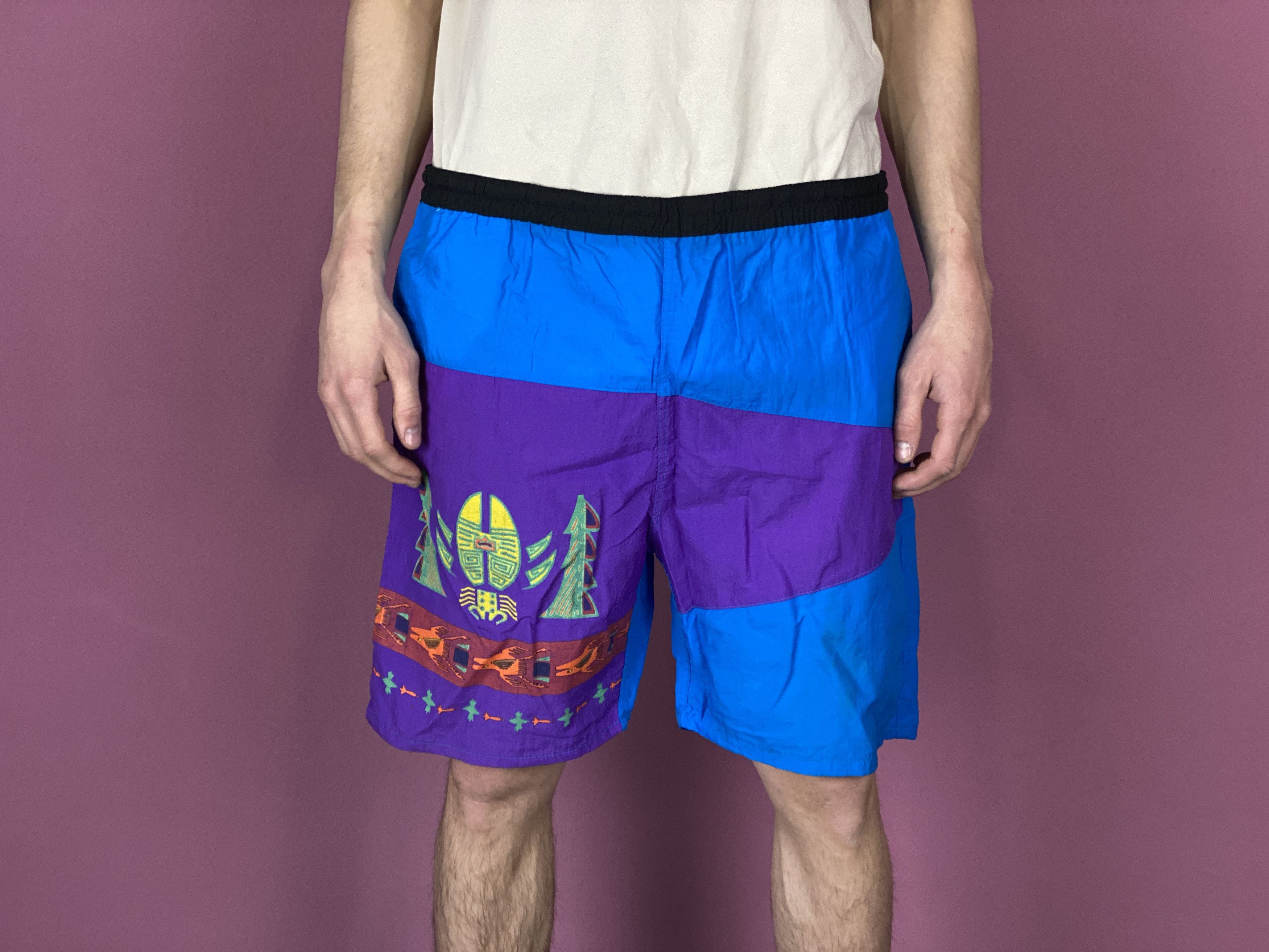 Vintage 90s Vintage Men's Board Shorts - M Blue & Purple Nylon Size US 32 / EU 48 - 1 Thumbnail