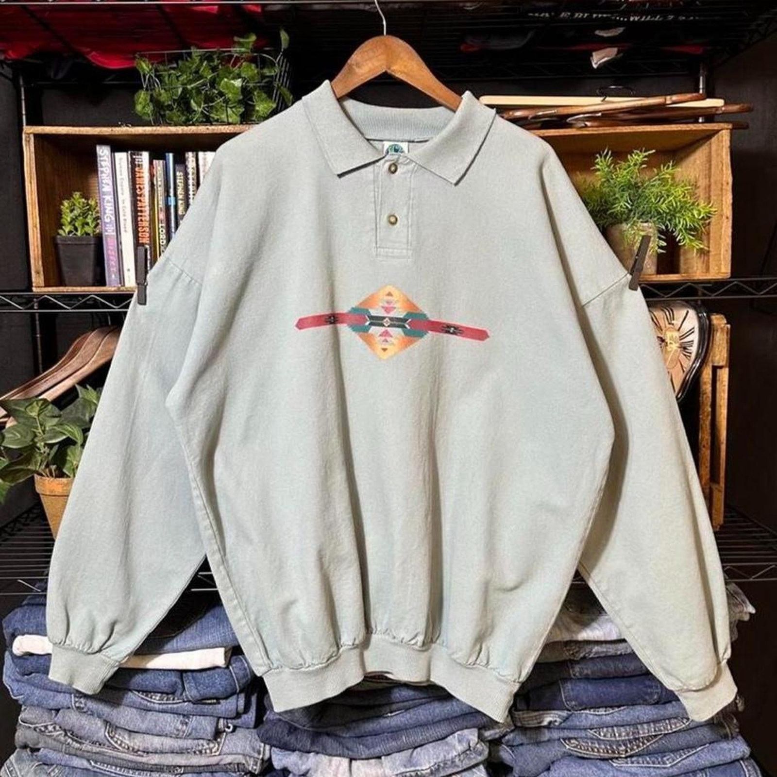 Wek Vintage 90s Native Tribal Print Crewneck XL Green Sweatshirt Size US XL / EU 56 / 4 - 1 Thumbnail